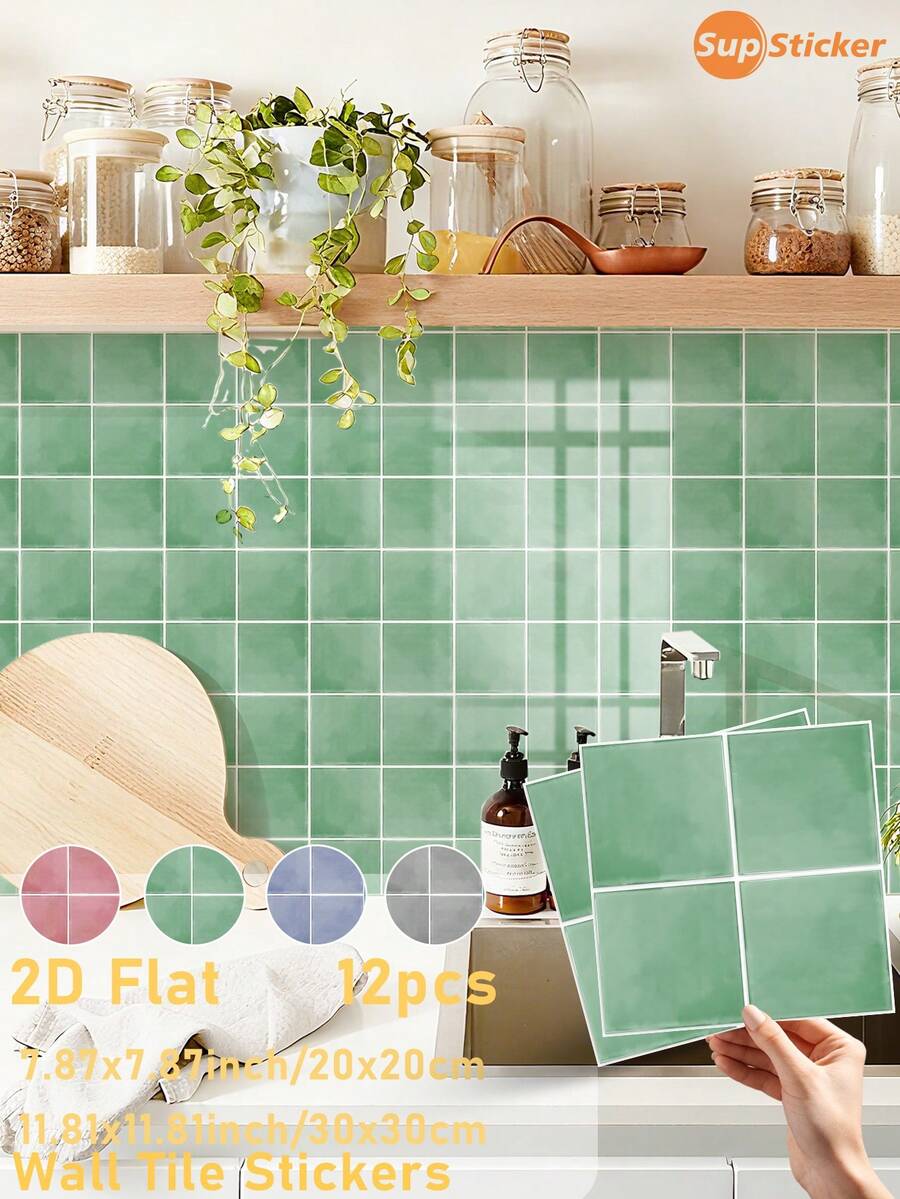 SUPSTICKER 12pcs Multi-Color Solid Faux Brick Texture Morandian Watercolor Minimalist Ins Style Crystal Self-Adhesive Wall Stickers, Premium Thick PVC Material, Easy Installation Peel And Stick, Freely Combinable, Waterproof, Oil-Proof, Dirt-Resistant, Easy To Clean And Remove, Suitable For Kitchen, Bathroom, Children's Room, Rental Home Decor Renovation, 7.87*7.87inch/11.81*11.81inch - Multicolor - View 1