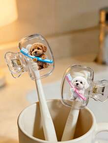 Cute 2 Teddy Dogs Holding Hands Toothbrush Pattern Portable Toothbrush Head Cover Storage Box Toothbrush Protective Cap Holder, Essential Bathroom Accessory For Home, Business Travel, Daily Use, Outdoor Outings, Back To School Gift - Multicolor - View 6