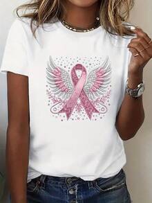 Plus Size - Women's Crew Neck T-Shirt With Pink Ribbon And Wings Print - White - View 6