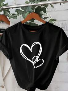 Plus Size - Plus Size - White Day, Exquisite Heart Design, Elegant Short Sleeve T-Shirt With Round Neck Print, Plus Size Women's Clothing, Women's Apparel - 黑色 - 查看 6