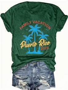 Women's Plus Size Graphic T-Shirt With Puerto Rico Design - Casual Short Sleeve Crew Neck Top With Palm Tree Design, Bright Pink, Perfect For Spring And Summer, Casual Spring Wear | Family Vacation Design | Vibrant Print T-Shirt, Puerto Rico T-Shirt - 綠色 - 查看 6