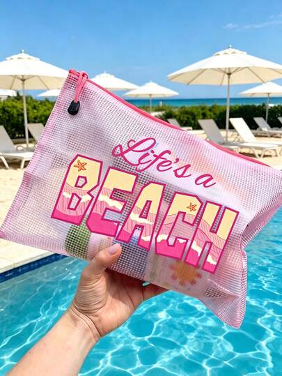 1个防水时尚沙滩包，印有色彩鲜艳的“Beach”字样和海星图案。大容量透明化妆包，带拉链，轻便耐用，适合春夏季节收纳，可用于游泳、海滩、潜水和暑假旅行，也适合学生返校使用。防晒收纳包，适合送给朋友、家人、闺蜜、同学。是生日、节日、派对、婚礼（伴娘）、度假的完美礼物和纪念品。