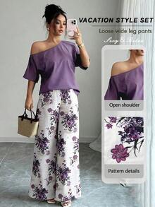 2 piezas Conjunto de top asimétrico de cuello sólido y pantalones con estampado tropical, estilo casual de vacaciones - Morado - Ver 1