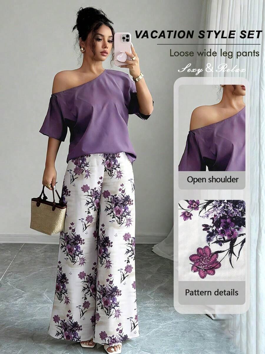 2 piezas Conjunto de top asimétrico de cuello sólido y pantalones con estampado tropical, estilo casual de vacaciones - Morado - Ver 1