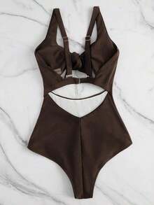Swim Vcay Traje de baño de una pieza de unicolor negro elegante sin mangas, de cintura alta y con tirantes ajustables, para primavera/verano 2026 - Marrón Chocolate - Ver 5