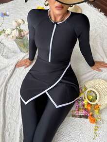 Swim Shayni 2 piezas Conjunto burkini elegante y casual para primavera/verano, vacaciones y fiestas en la playa, falda acampanada con corte en V en negro con ribete blanco y pantalones con cremallera delantera - Blanco y Negro - Ver 5