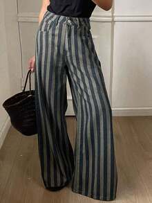Jeans rectos de ajuste holgado con parches de cuadros y rayas para mujer, uso casual de oficina, otoño/primavera - Azul lavado oscuro 2 - Ver 9