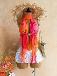 Blusa de mujer con encaje bordado, escote halter, espalda descubierta, tirantes con lazo, bajo fluido y elegante, adecuada para la playa, cruceros y resorts - Multicolor 5 - Ver 5
