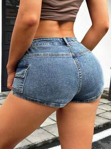 Summer Low Waist Sexy Slim Fit Mini Denim Shorts With Workwear Design - Azul - Ver 4