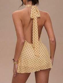 Vestido mini halter casual y sexy con estampado floral tie-dye marrón, estilo corto plisado adecuado para vacaciones y fiestas de primavera/verano - Amarillo 2 - Ver 2