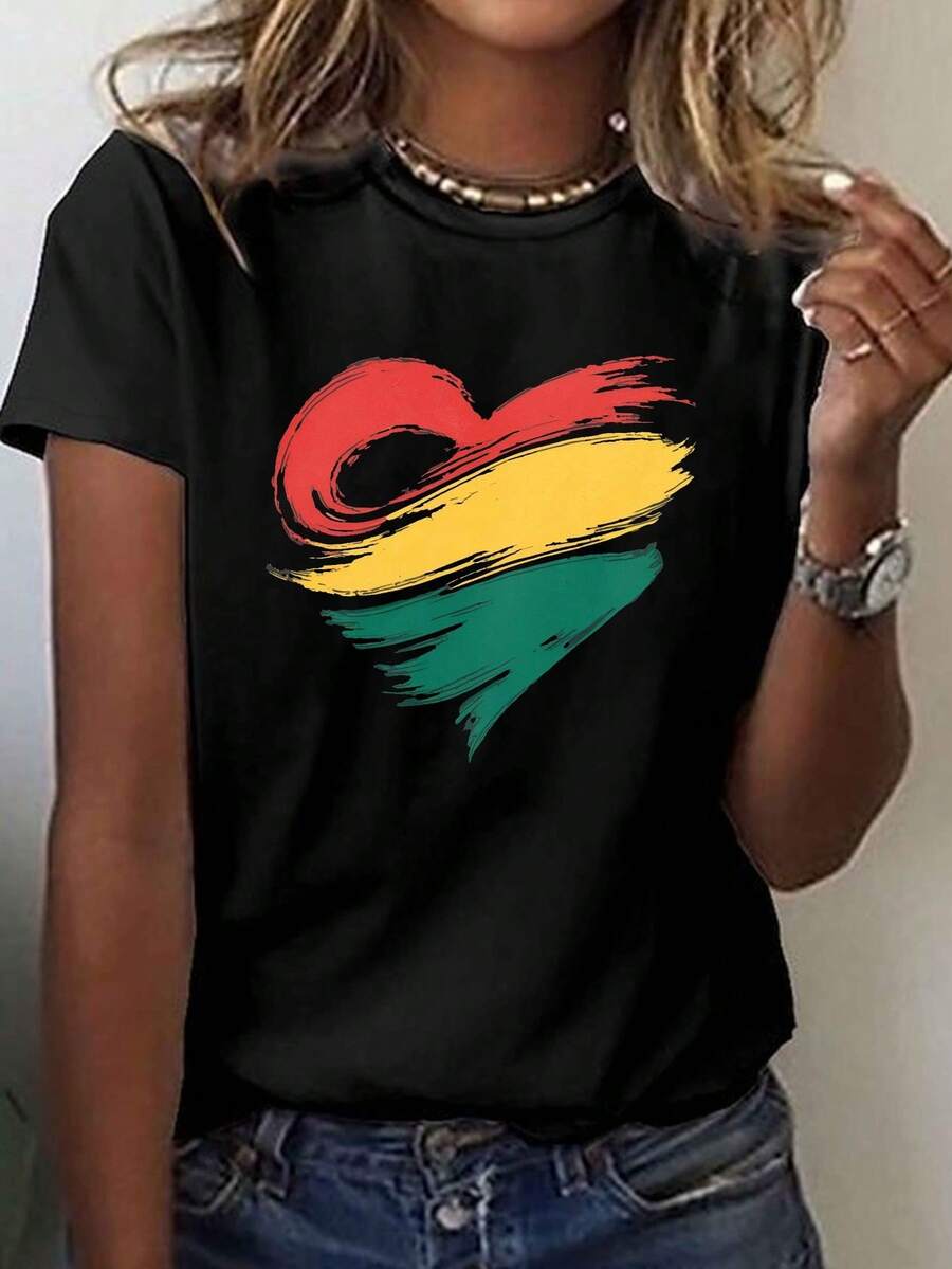 Camiseta con estampado de corazón estilizado con líneas de pincelada, manga corta y cuello redondo, top casual para verano y primavera, ropa de mujer