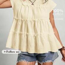 Freevana Plus Size Women's Vintage Peasant Casual Style | Blue And White Plaid Round Neck Sleeveless Tiered Ruffle Trim Babydoll Top - Sweet Loose Pullover Blouse - Albaricoque - Ver 1