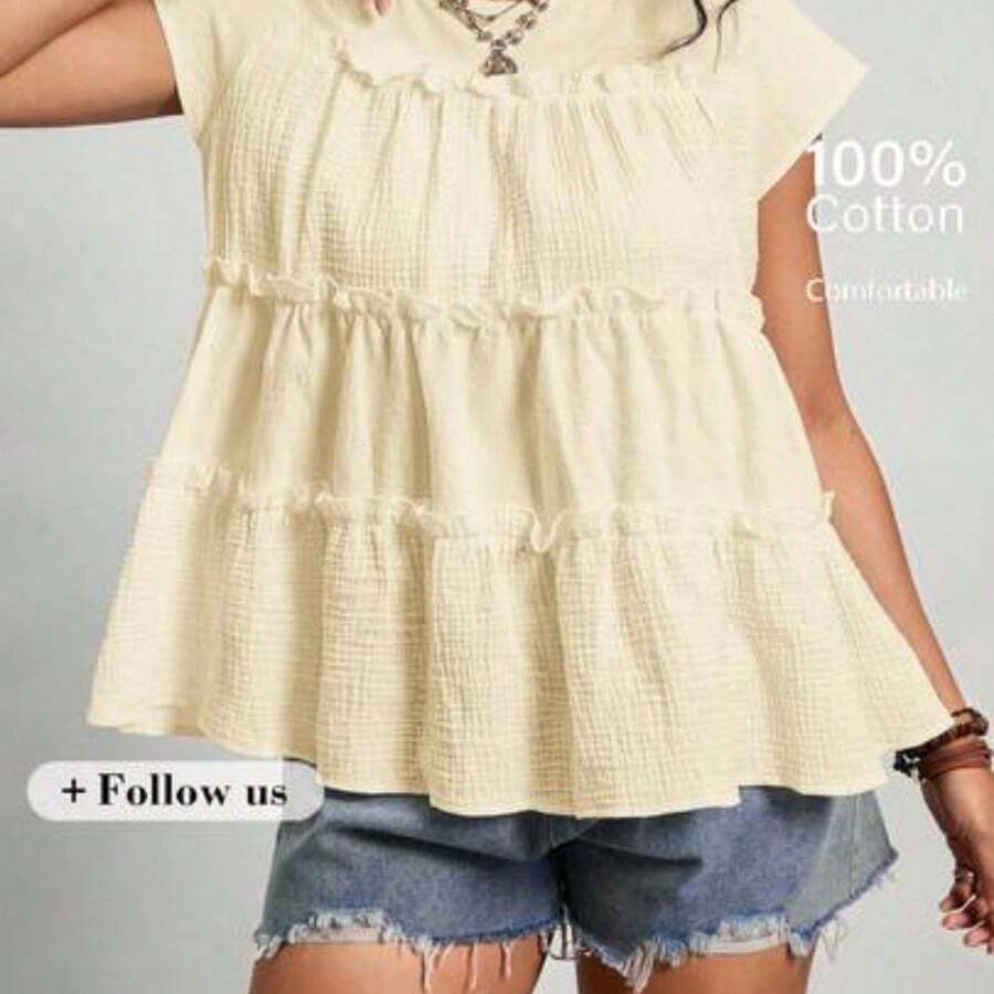 Freevana Plus Size Women's Vintage Peasant Casual Style | Blue And White Plaid Round Neck Sleeveless Tiered Ruffle Trim Babydoll Top - Sweet Loose Pullover Blouse - Albaricoque - Ver 1