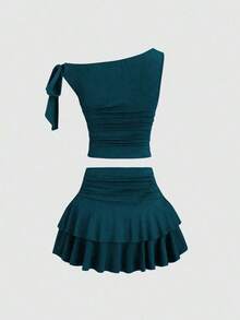 Conjunto de top de tirantes y minifalda plisada y con decoración de flores metálicas para mujer, ideal para el verano - Agua verde azul - Ver 4