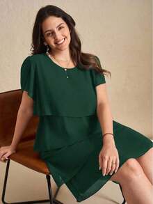 Reflora Vestido de moda con cuello redondo, mangas con volantes y estampado floral para mujer de talla grande - Verde Oscuro - Ver 7
