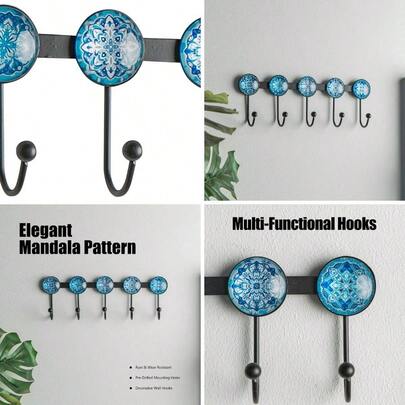Boho Coat Rack Wall Mounted With 5 Hooks, Glacier Theme Mandala Pattern Decorative Wall Hooks Hanging Hat, Key, Towel, Purse, Bag, And Robe - Entryway, Bathroom, And Bedroom