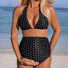 Conjunto de traje de baño de maternidad elegante y sofisticado con lunares negros, nueva llegada de traje de baño de mujer 2026 para la escuela, adecuado para vacaciones, citas, té de la tarde, estilo occidental, cruceros, playa, isla, viajes por carretera, todas las estaciones, festivales de música, vacaciones bohemias, vacaciones bohemias, otoño relajado, estilo occidental bohemio, blusas elegantes para mujer Conjunto de bikini de lunares de talle alto - 01 - Ver 6