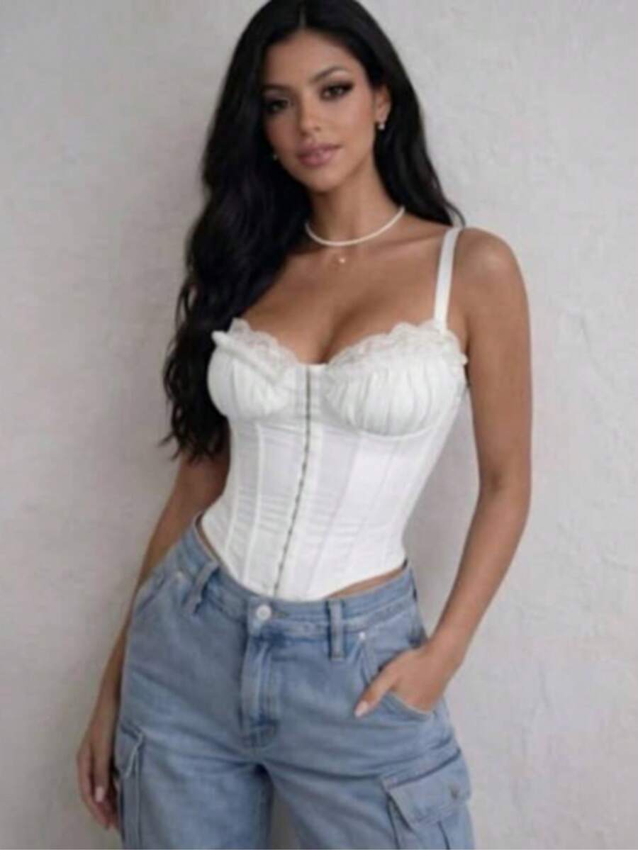 Women's Sexy Structured Lace Cropped Corset With Adjustable Straps And Reinforced Boning, Elegant Shaping Top, Fashion Party Night Outfit, Women's Tank Top - 白色 - 查看 1