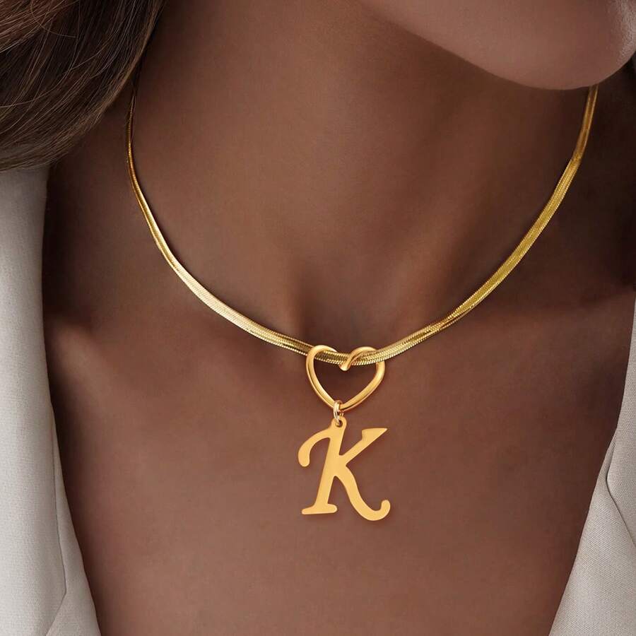 1 buah Kalung Liontin Hati Berongga Klasik Baru, Rantai Tulang Ikan Emas Stainless Steel untuk Wanita - Yellow Gold - View 1