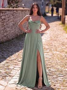 Vestido de satén con abertura en el muslo y cuello drapeado, elegante vestido de dama de honor - verde menta - Ver 1