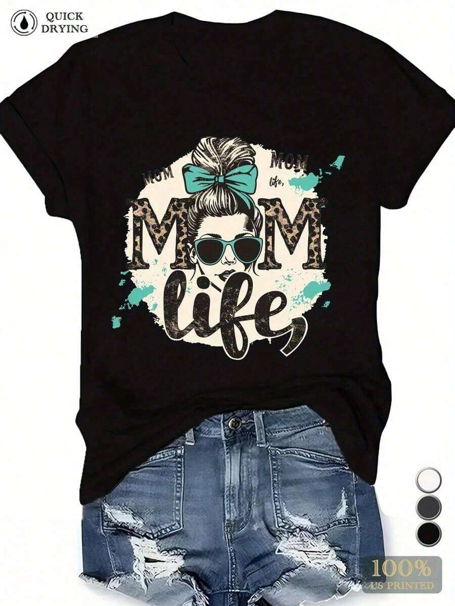 1 pieza Camiseta Deportiva de Manga Corta para Mujer MOM Life Design: Súper Suave y Transpirable |   Cómodo al contacto con el cuerpo, corte holgado informal, estilo versátil para el día a día, adecuado para todas las estaciones. 180g 100% algodón, los diseños están impresos. Unisexo. - Negro - Ver 1