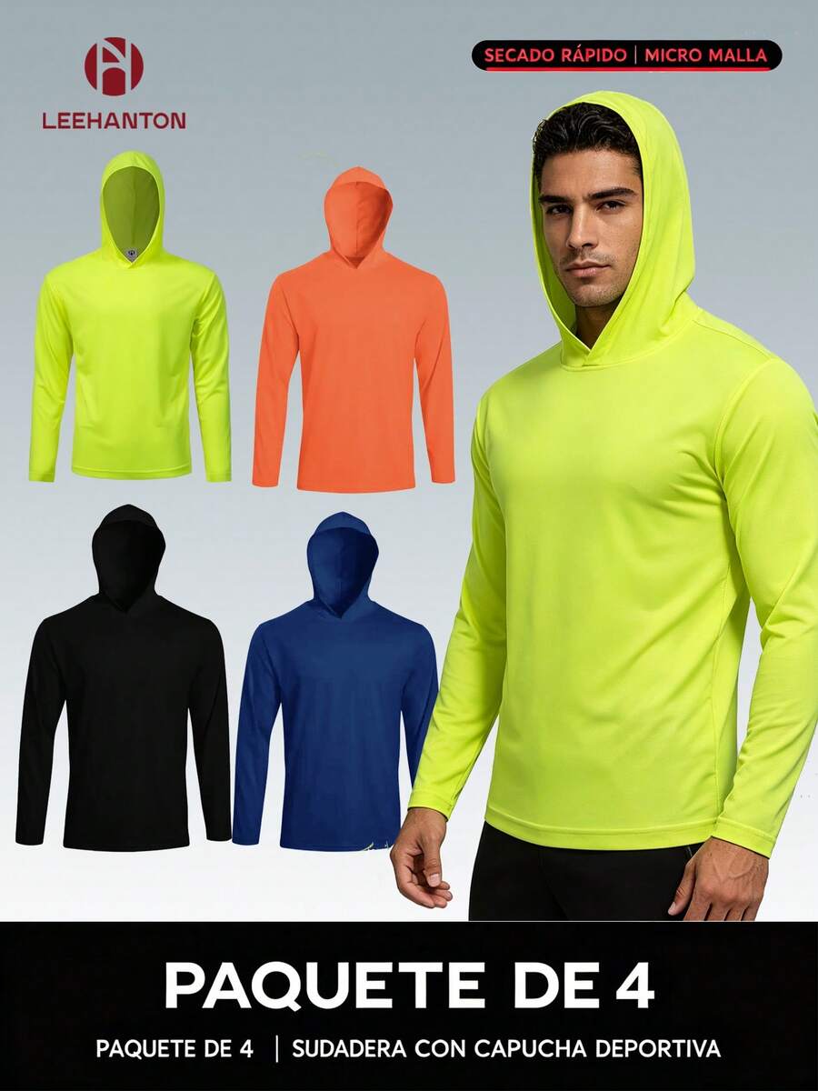Pack Of 4 Men's Long Sleeve Hooded T-Shirts, 150gsm Micro Polyester Mesh, Breathable, 8 Colors - Hitam/Oranye/Kuning/Biru - View 1