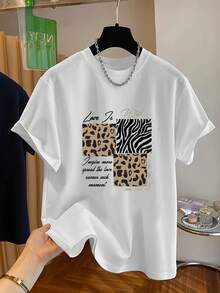 Women's Loose White T-Shirt With Black And Brown Zebra Stripes And Leopard Lettering - Soft, Breathable Cotton, Casual Short-Sleeve T-Shirt - Perfect For Spring And Summer - Machine Washable In Soft Pastel Colors (Beige, Brown, Black, White) - Versatile Layering Essential - Fashionable Letter Print And Animal Print Design - Comfortable, Lightweight, Warm Weather Women's Half-Sleeve T-Shirt, New Arrivals, Local Delivery, Women's Products, Women's Christmas Clothing - 白色 - 查看 1