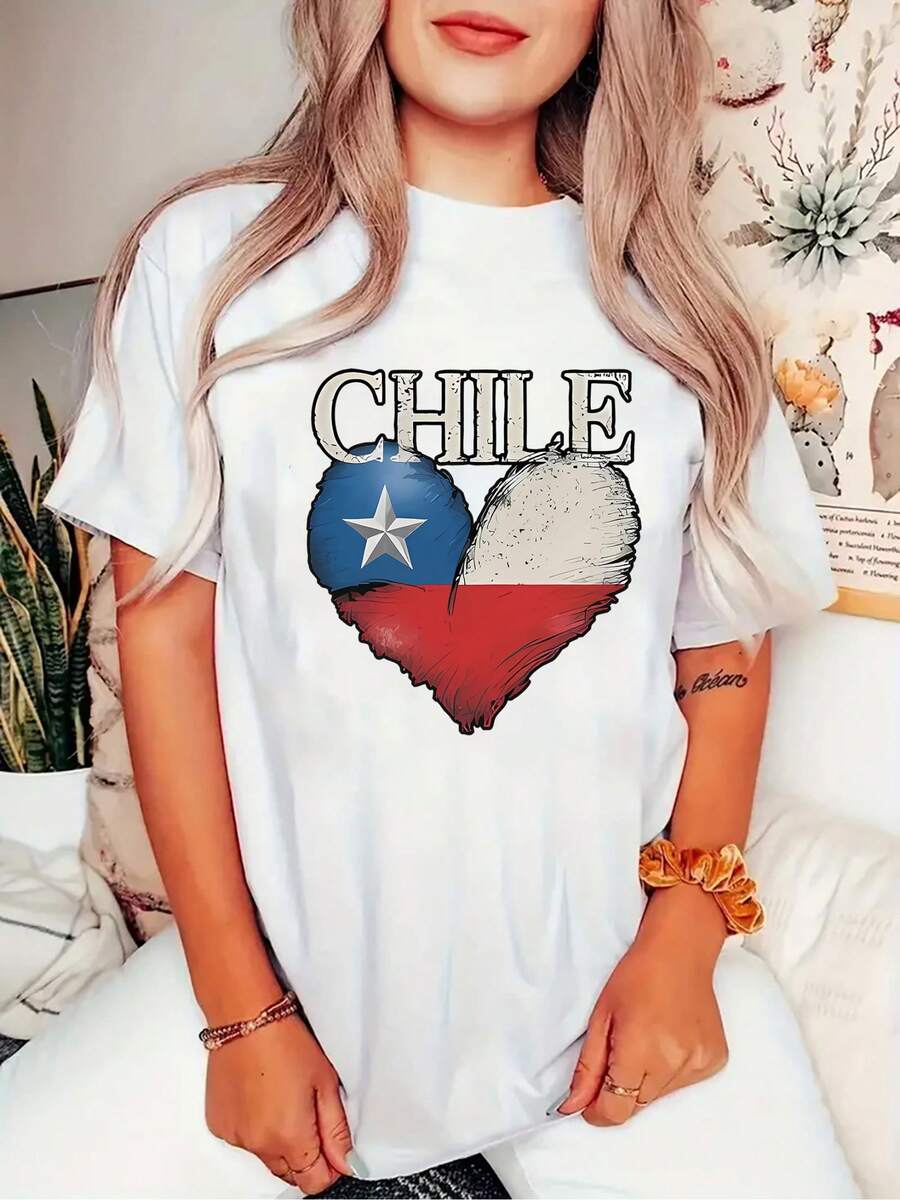 OversizeCamiseta Casual para Mujer con Diseño de Corazón y Bandera de Chile - Suave, elástica, de cuello redondo, manga corta, lavable a máquina, cómoda para todas las estaciones, adecuada para uso diario y conjuntos de vacaciones, tela no transparente, linda. - Blanco - Ver 1