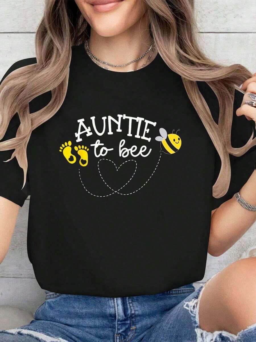 Camiseta 100% Algodón con Estampado "Tía Futura Mamá", para Anuncio de Embarazo y Baby Shower, Manga Corta, Cuello Redondo, Estilo Casual para Verano y Primavera, Ropa de Mujer - Negro - Ver 1