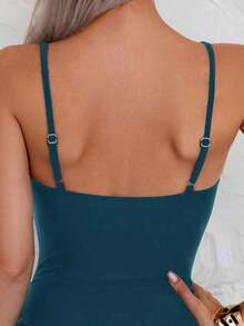 Lushore Traje de baño de una pieza con nudo delantero de unicolor para vacaciones y playa - Agua verde azul - Ver 3