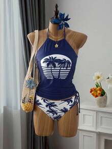 Conjunto de top de tankini con cuello halter y Bottom con estampado de palmeras, cordón y fruncido, para vacaciones y playa - Multicolor - Ver 5