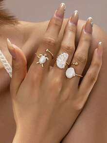 Set Of 3 Summer Beach Rings With Starfish, Shell And Scallop, Women's Jewelry Accessories For Vacation And Travel, Gift - 多色 2 - 查看 1