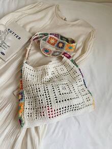 Fashionable Bohemian Style Crochet Tote Bag, Stylish 3D Floral Decor, Large Capacity Open-Top Handbag, Beach Tote, Suitable For Work, School, Beach, Vacation, Woven Texture - Beige - View 8