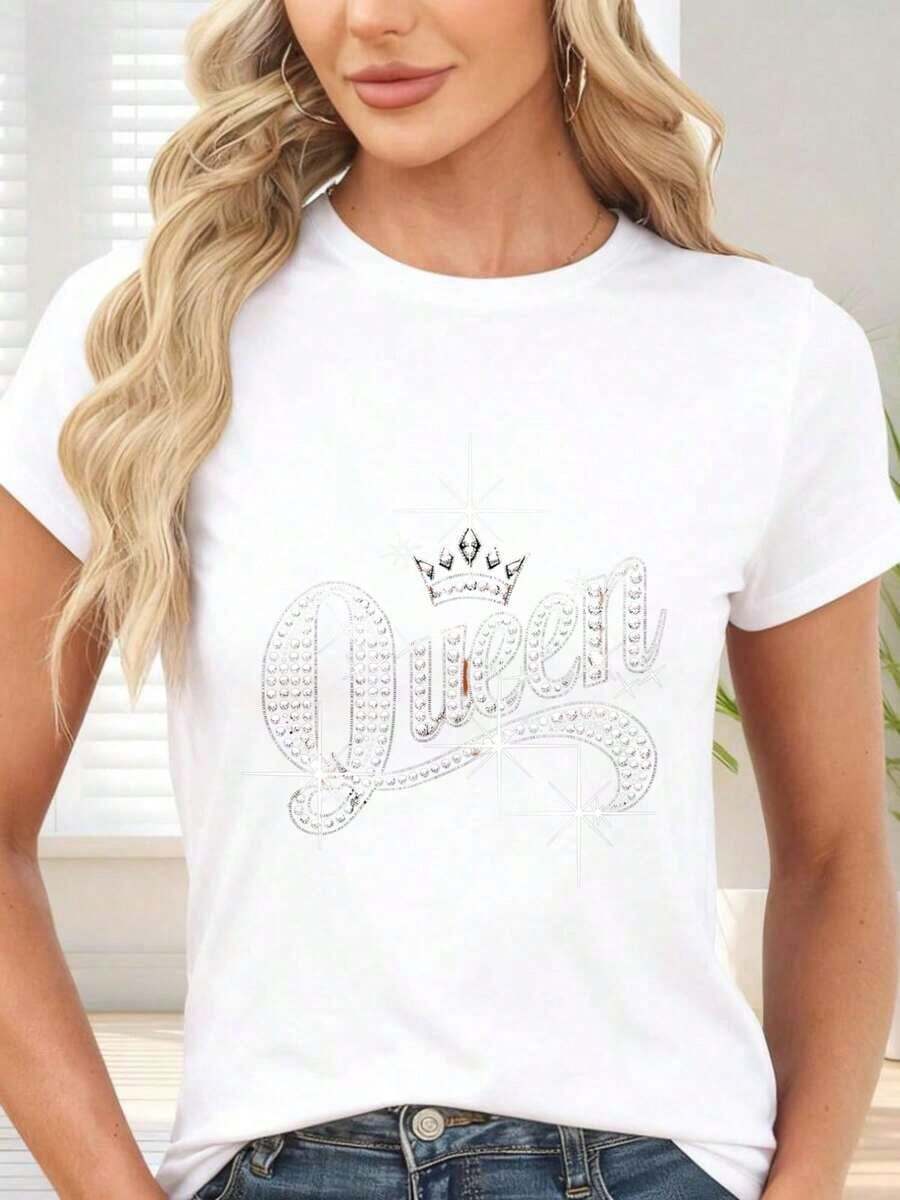 Gift: Women's Black T-Shirt With Crown Print And "Queen" Text With Sparkling Diamonds - Ideal For Casual Occasions And Party Nights - 白色的 - 查看 1