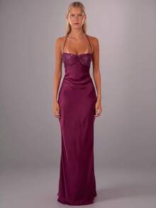 Vestido Largo Satén Lentejuelas Strapless 2026 Espalda Descubierta Fiesta - Morado - Ver 1