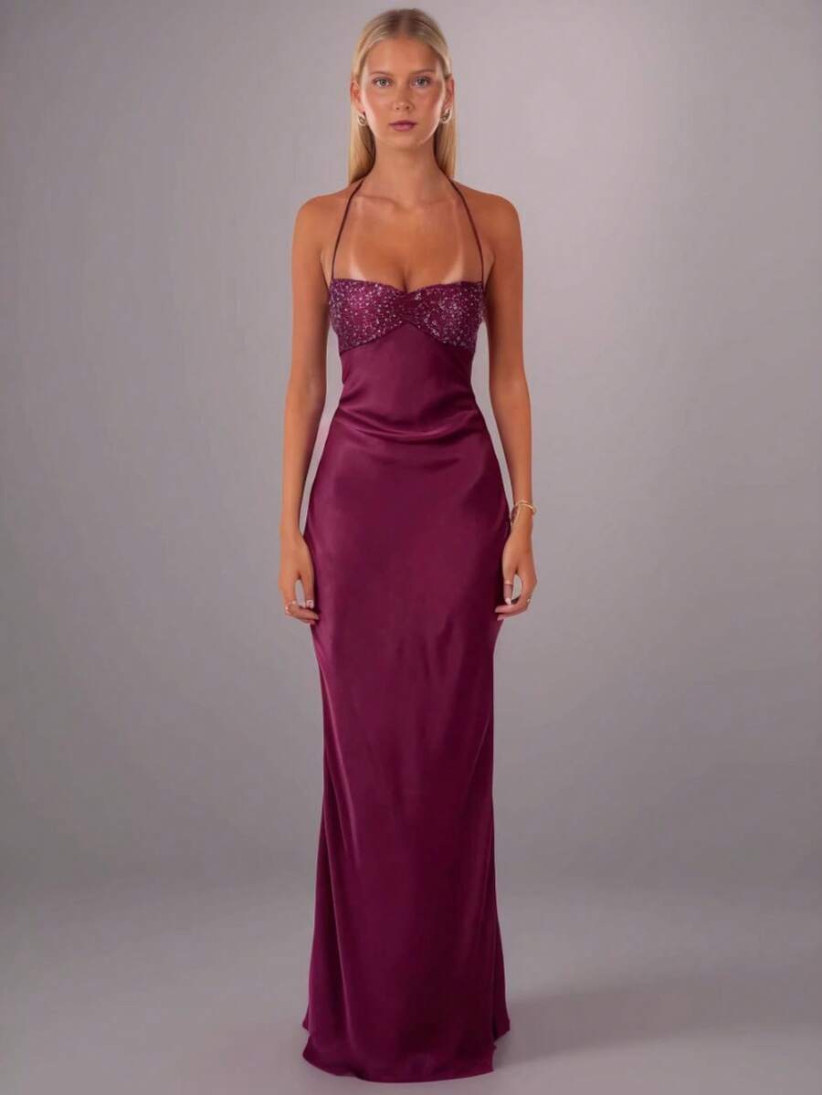 Vestido Largo Satén Lentejuelas Strapless 2026 Espalda Descubierta Fiesta - Morado - Ver 1