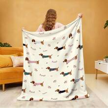 1 Stück minimalistisch süßer beiger Cartoon Dackel Hund Muster Flanelldecke, weich & bequem, geeignet für alle Jahreszeiten, für Sofa, Bett, Büro, Camping, Reisen, ganzjähriges Geschenk - Verschiedenfarbig - Übersicht 1