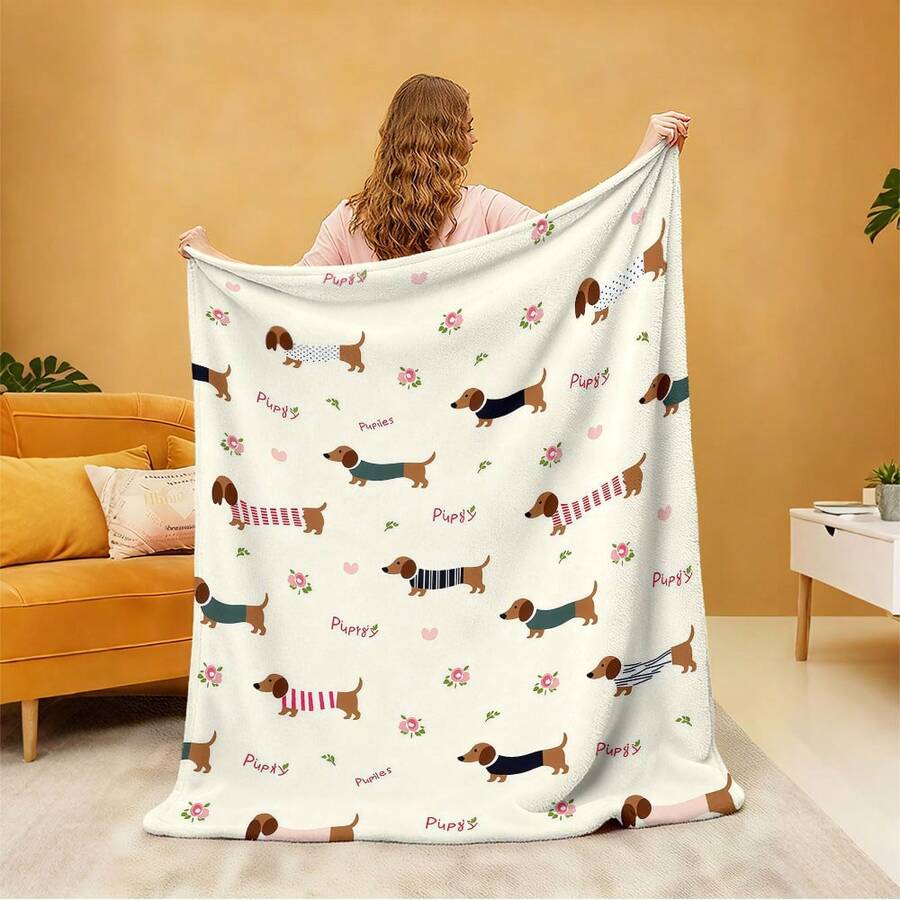 1 Stück minimalistisch süßer beiger Cartoon Dackel Hund Muster Flanelldecke, weich & bequem, geeignet für alle Jahreszeiten, für Sofa, Bett, Büro, Camping, Reisen, ganzjähriges Geschenk - Verschiedenfarbig - Übersicht 1