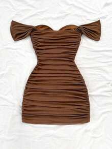 Vestido mini ajustado de punto rojo con hombros descubiertos para mujer, diseño con espalda calada, adecuado para vacaciones, citas, té de la tarde, temporada de bodas, playa, crucero, vacaciones en la ciudad, vacaciones bohemias, festivales de - Marrón - Ver 2