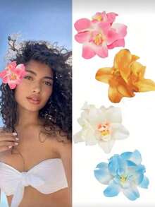 6er/1er Pack Damen Strand Blumen Haarspangen, Weiß, Rosa, Gelb, Rot, Blau Batik Kunstblumen Barrettes, elegante minimalistische vielseitige Accessoires für Alltag, Lässig, Party, Strand, geeignet für Frisuren wie Pferdeschwanz, Dutt, Gesichtwaschen, Make-up, Haarklammern, Clips für Haare - Verschiedenfarbig - Übersicht 16