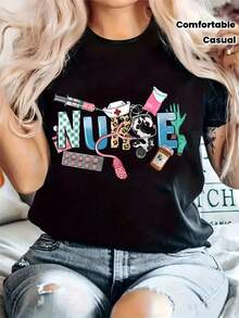 Limited Edition Women's Casual Nurse-Themed T-Shirt - Crew Neck, Short Sleeves, Slightly Stretchy Material, Comfortable Top, Suitable For Any Season, Casual Style, Perfect For Everyday Wear. | Interesting Printed Tops | Comfortable Fit, Lightweight Cotton - 黑色 - 查看 1