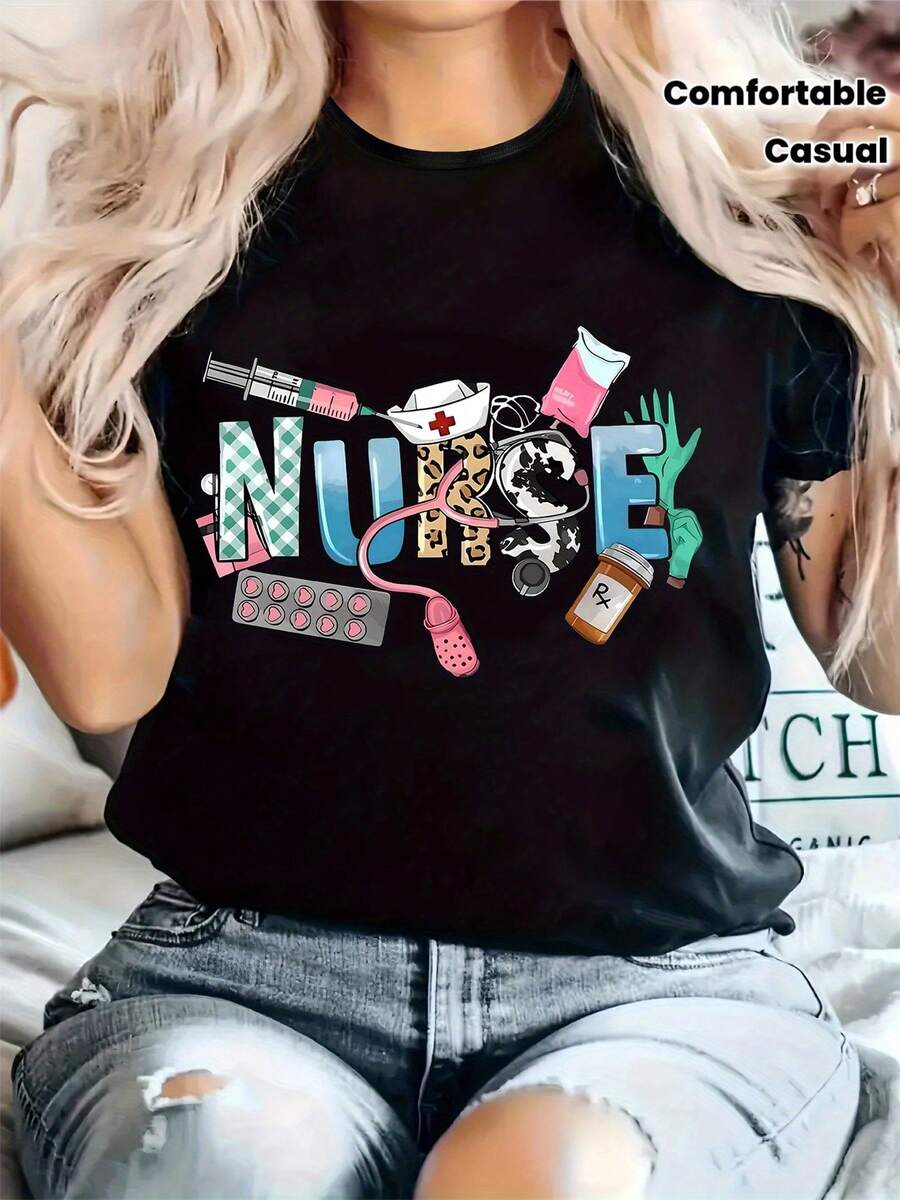 Limited Edition Women's Casual Nurse-Themed T-Shirt - Crew Neck, Short Sleeves, Slightly Stretchy Material, Comfortable Top, Suitable For Any Season, Casual Style, Perfect For Everyday Wear. | Interesting Printed Tops | Comfortable Fit, Lightweight Cotton - 黑色 - 查看 1