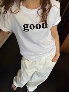 Camiseta de manga corta para mujer, estilo coreano de verano a la moda con estampado de letras, corte holgado, versátil, estilizante, adecuada para parejas. - Camisa blanca de manga corta de buena calidad - Ver 2
