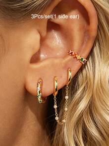 3 Stücke/Set Ohrringe für Frauen, vergoldet mit mehrfarbigem Zirkonia, Ohrmanschette mit Kette, doppelter Creolen-Ohrringe, Stapel-Ohrringe, Damen Schmuck Accessoires für den täglichen Gebrauch - 3 Teile/Satz (1 Seitenohr) - Übersicht 10