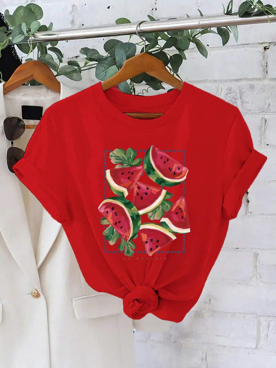 Soft 100% Cotton Plus Size T-Shirt - Casual And Stylish Women's T-Shirt With A Summer Print Design Featuring Watermelon Slices And Green Leaves. Breathable Cotton T-Shirt, Goes With Everything. - 紅色 - 查看 1