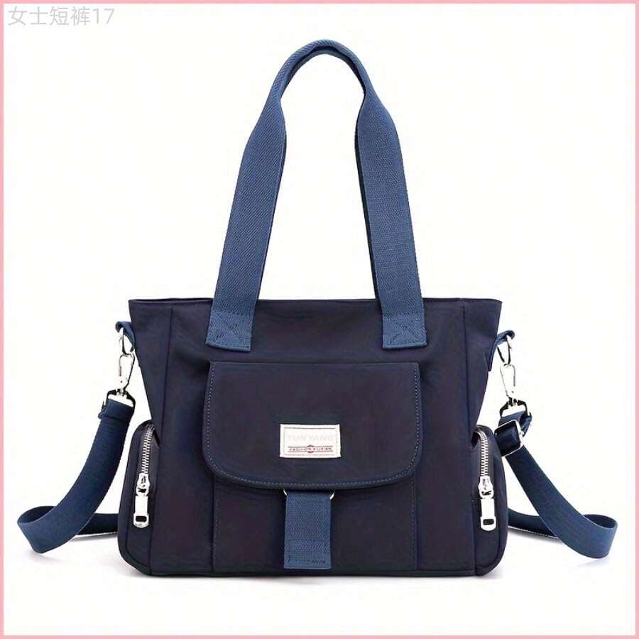 Large Capacity Solid Color Shoulder Bag, Versatile Multi-Pocket Tote Bag – Spacious Nylon Shoulder Bag Nylon With Polyester Lining, Casual Commuter Work Tote, And Easy To Clean - Dark Blue - 查看 1
