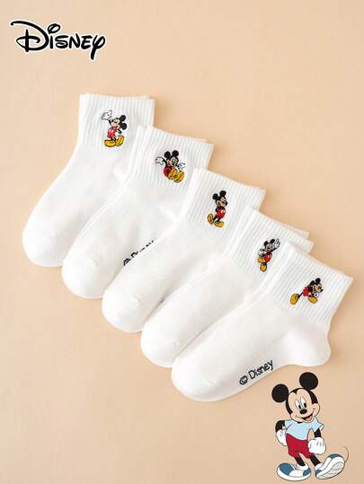  5 Pairs Disney Series Embroidered Cute Cartoon Mickey Mouse Pattern Crew Socks, Comfortable Breathable Durable Sports Socks, Suitable For All Seasons, European & American Sizes, High-Quality Material, Non-Stuffy