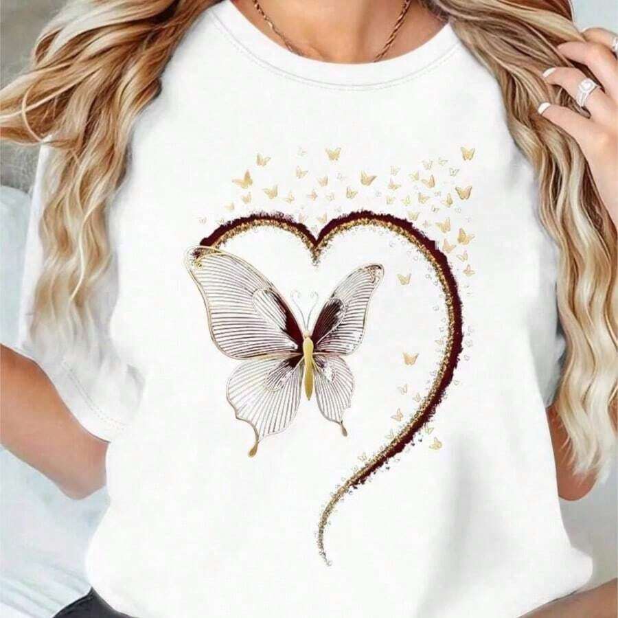 Blusas personalizadas para mujer. Camiseta blanca de cuello redondo, decorada con estampados de mariposas y corazones – un tema romántico, moderno e inspirado en la naturaleza. Camiseta de manga corta de algodón, holgada, unisex, estilo vintage urbano para mujer. - Blanco - Ver 1