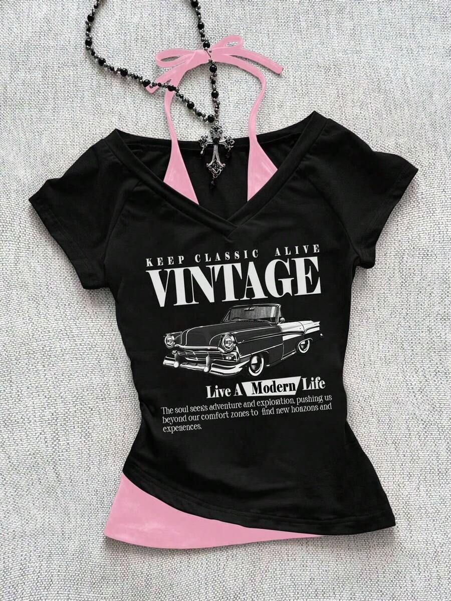 Camiseta de mujer casual de cuello en V retro, con atar, de manga corta y contraste de color, adecuada para el verano - Rosa - Ver 1