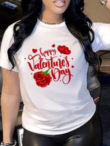 1 camiseta casual para mujer con estampado plano 2D de corazones de rosa para el Día de San Valentín, 100% algodón, manga corta, cuello redondo, talla regular, para todas las estaciones, tela de 180 g, para el Día de San Valentín. - Blanco - Ver 7